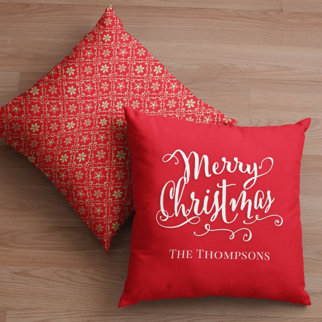Coussin Joyeux Noël Calligraphie Script Red Snowflake (Merry Christmas calligraphy script red snowflake throw pillow)