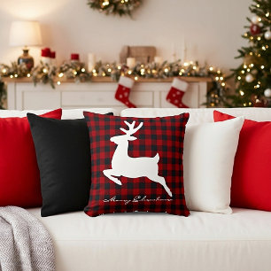 Coussin Joyeux Noël cerf sur carreaux
