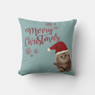 Coussin Joyeux Noël, Chat avec chapeau de Père Noël