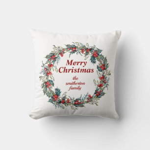 Coussin Joyeux Noël Couronne de houx vert et baie rouge