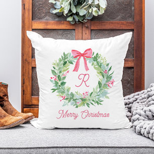 Coussin Joyeux Noël Couronne et noeud rouge aquarelle