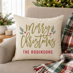 Coussin Joyeux Noël Écriture Dorée Famille Nom Beige