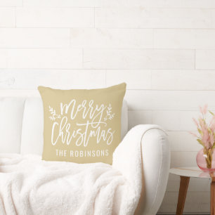 Coussin Joyeux Noël Écriture Famille Nom Tan Or