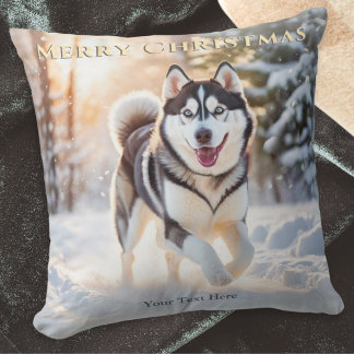 Coussin Joyeux Noël élégant husky personnalisé dans la nei