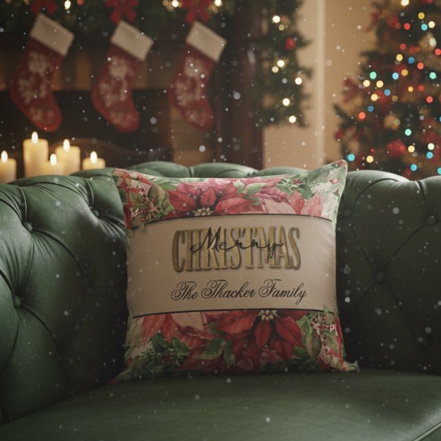 Coussin Joyeux Noël Elegant Poinsettia Nom de famille (Créateur téléchargé)