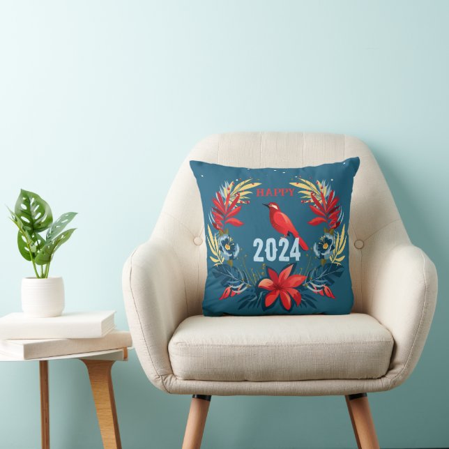 Coussin Joyeux Noël et Bonne Année ! Oiseau rouge 2024 (Chaise)