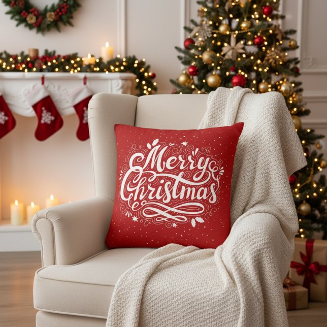 Coussin Joyeux Noël Festif Rouge et Blanc Vacances (Merry Christmas Festive Red and White Holiday Throw Pillow)