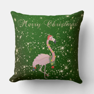 Coussin Joyeux Noël, Flamant rose rose avec chapeau de Pèr