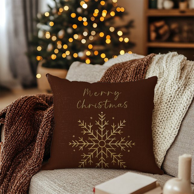 Coussin Joyeux Noël / Gold Snowflake Terracotta Dark (Merry Christmas / Gold Snowflake Terracotta Dark Throw Pillow)