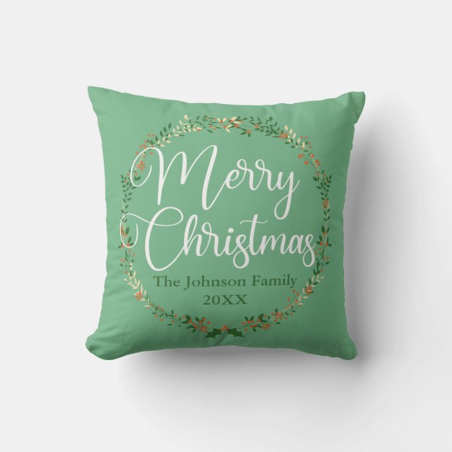 Coussin Joyeux Noël Jolie couronne verte Famille personnal (Recto)