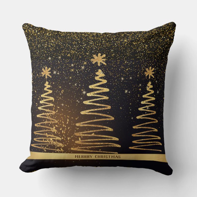 Coussin Joyeux Noël luxueux brillant d'or arbres noir (Recto)
