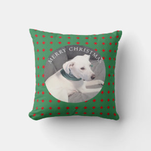 Coussin Joyeux Noël mignon Chien Blanc Rond Photo Vert