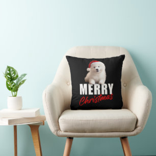 Coussin Joyeux Noël mignonne Samoyé Chiot avec Santa Hat