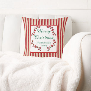 Coussin Joyeux Noël nom personnalisé floral rouge