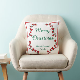 Coussin Joyeux Noël nom personnalisé floral rouge