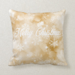 Coussin Joyeux Noël or et blanc Flocon de neige