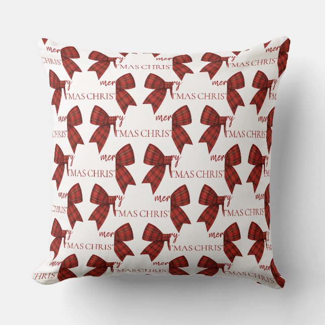 Coussin Joyeux Noël personnalisé | Nœud à carreaux rouges (Recto)