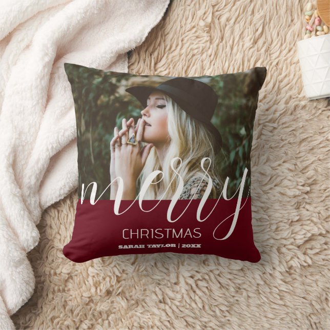Coussin Joyeux Noël personnalisé Nom photo Bourgogne (Couverture)