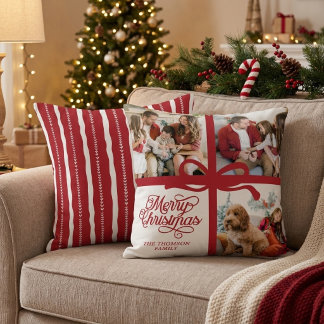 Coussin Joyeux Noël Photo de Famille Rouge Blanc Élégant