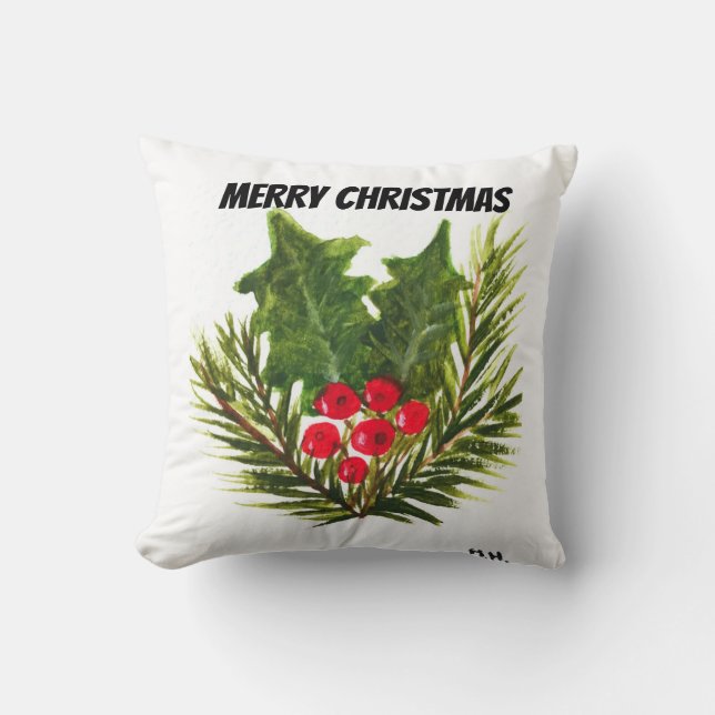Coussin Joyeux Noël Pine Holly Aquarelle festive (Recto)