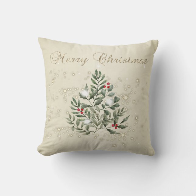Coussin Joyeux Noël, Pine Tree Branches Étincelles (Recto)
