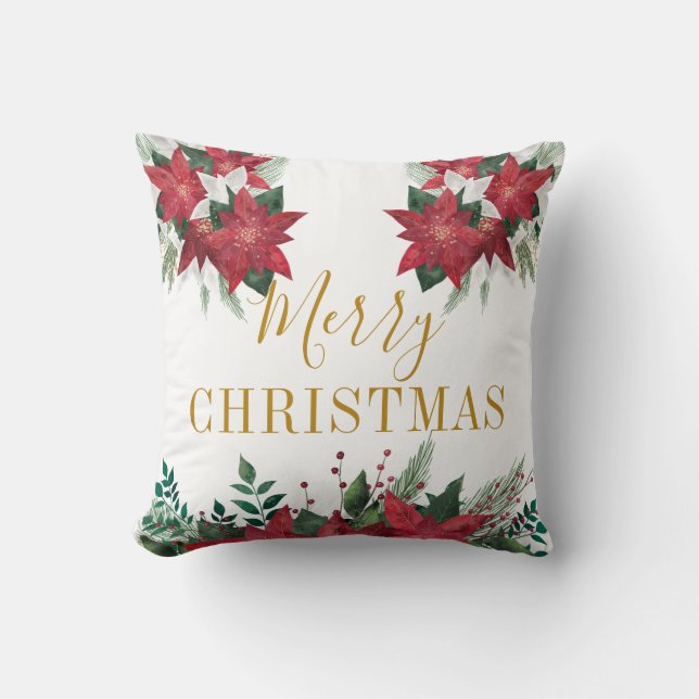 Coussin Joyeux Noël Poinsettia Floral Gold Script (Recto)