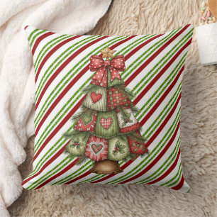 Coussin Joyeux Noël rayé avec arbre