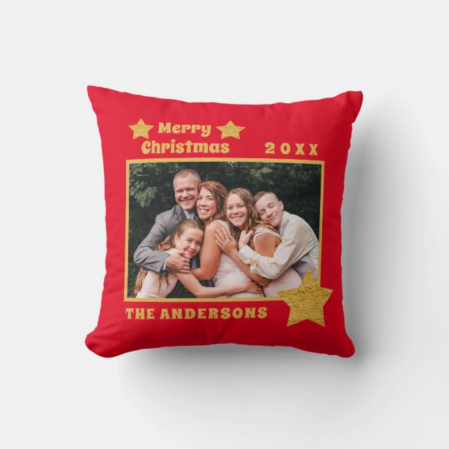Coussin Joyeux Noël Red Gold Stars Photo de famille (Recto)