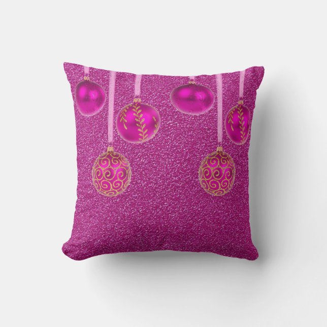 Coussin Joyeux Noël rose Baubles Parties scintillant or Co (Recto)