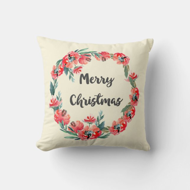 Coussin Joyeux Noël Rouge Floral Aquarelle Wreath (Recto)