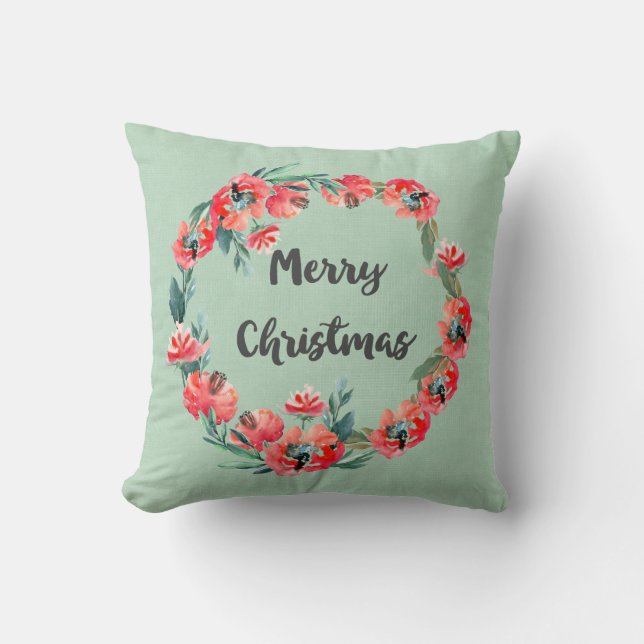 Coussin Joyeux Noël Rouge Floral Aquarelle Wreath (Recto)