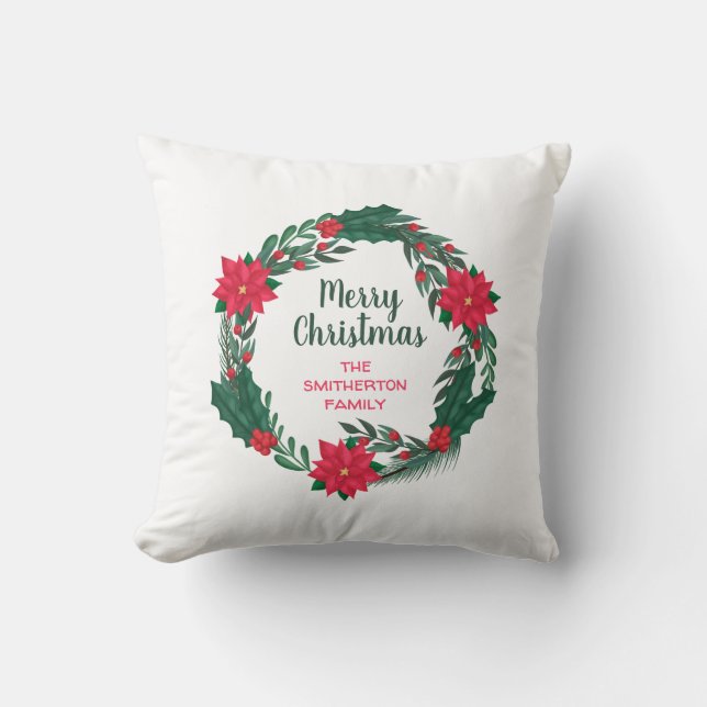 Coussin Joyeux Noël Rouge Poinsettias Wreath (Recto)