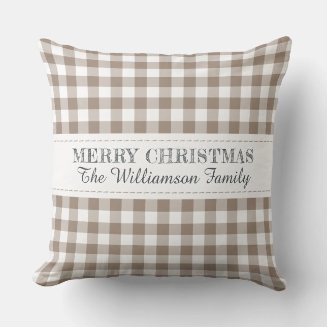 Coussin Joyeux Noël rustique En vichy Nom du monogramme (Recto)