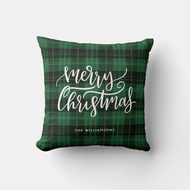 Coussin Joyeux Noël Script Green Plaid Holiday (Recto)