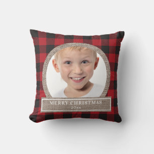 Coussin Joyeux Noël Taie Photo en Carreaux Rouge Buffalo B