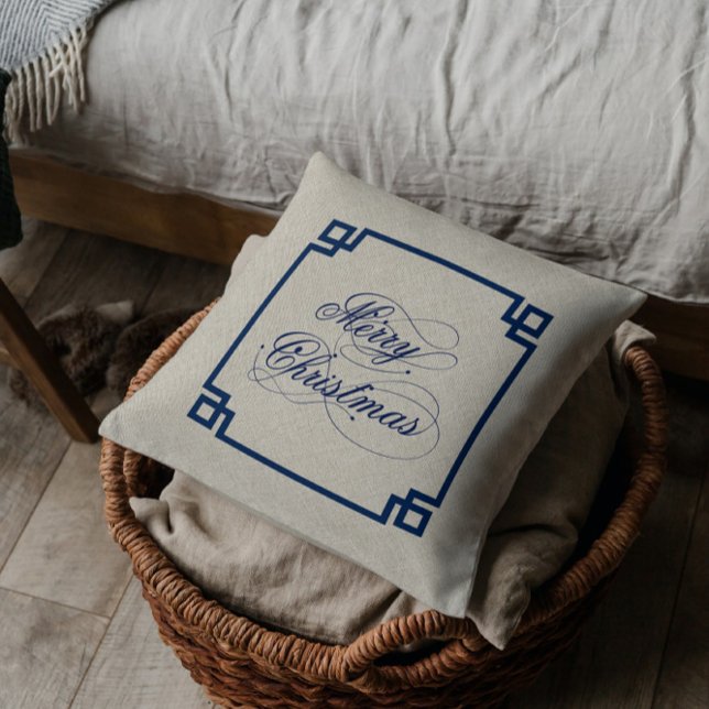 Coussin Joyeux Noël Typographie de script de lin beige (Créateur téléchargé)