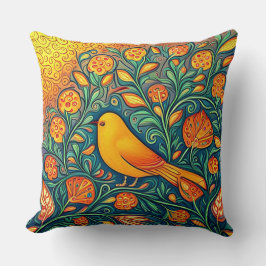Coussin Joyeux Oiseau Jaune Whimsical Artsy Folk Swirls
