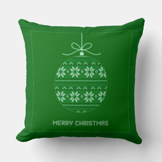 Coussin Joyeux ornement de Noël blanc et vert (Recto)