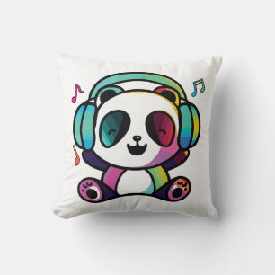 Coussin Joyeux Panda avec écouteurs écoutant de la musique