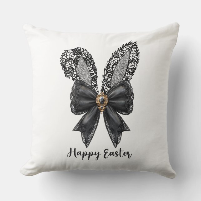 Coussin Joyeux Pâques noir dentelle lapin dentelle oreille (Recto)