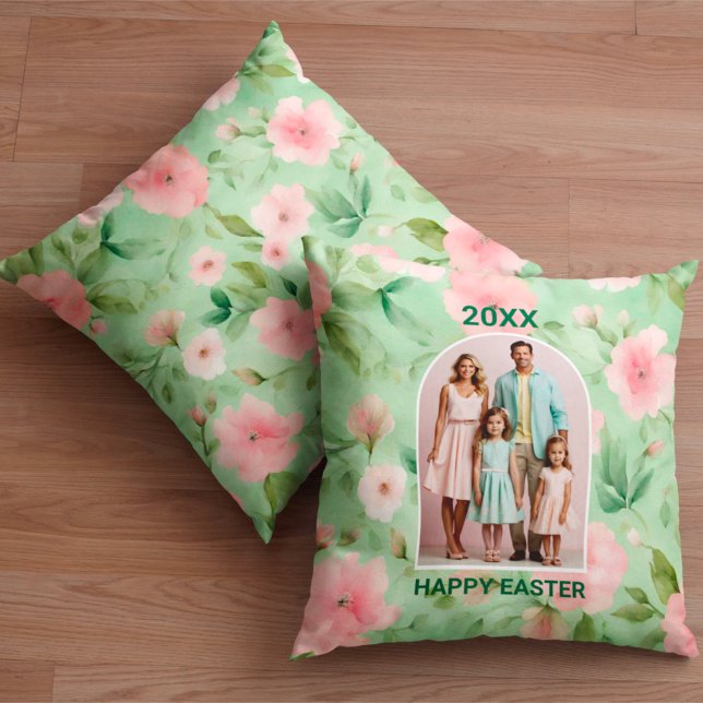 Coussin Joyeux Pastel de Pâques Pink & Green Floral Photo (Créateur téléchargé)