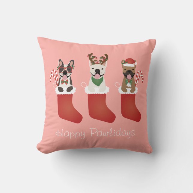 Coussin Joyeux Pawlidays Français Bulldogs Noël Stocking (Recto)