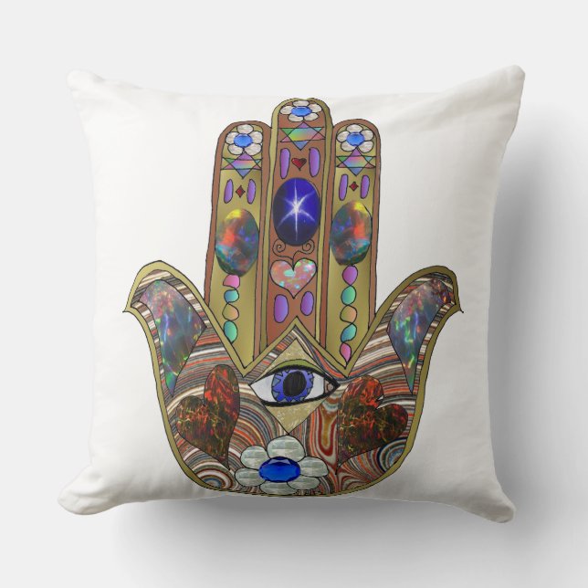 Coussin Judaica Hamsa Coeurs Fleurs Opal Art Imprimer (Recto)