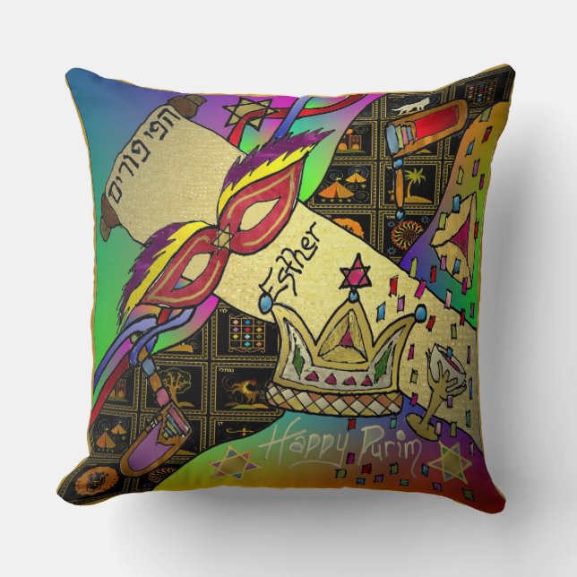 Coussin Judaica Purim Esther Célébration Art Noir Imprimer (Recto)