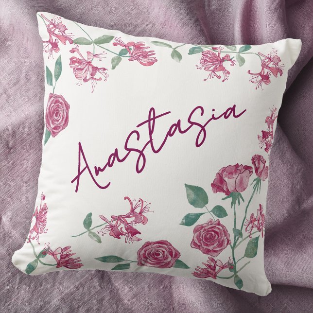 Coussin June Birth Month Honeysuckle Rose Personalized (June birthday personalized custom name birth month flower watercolor honeysuckle rose throw pillow)
