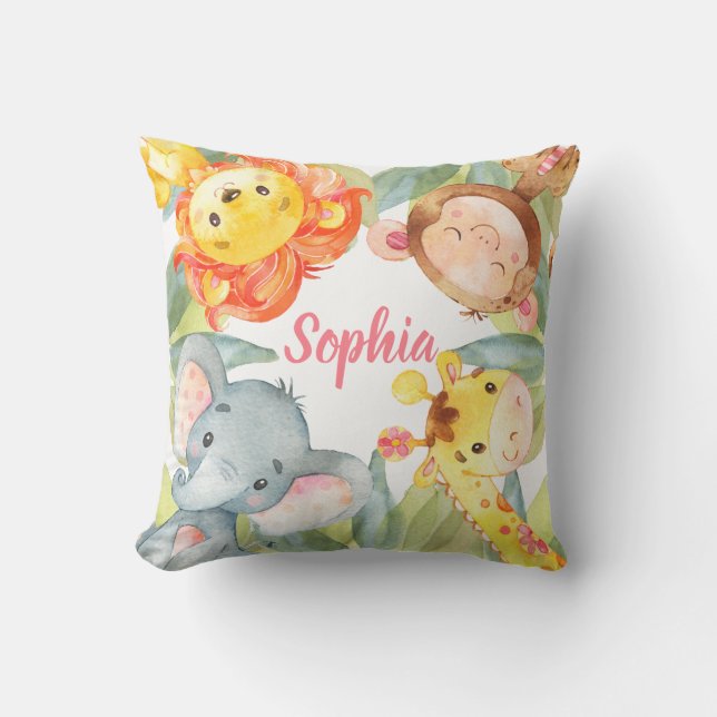 Coussin Jungle Animaux Safari Baby Girl Pink Cute (Recto)
