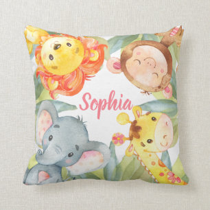 Coussin Jungle Animaux Safari Baby Girl Pink Cute