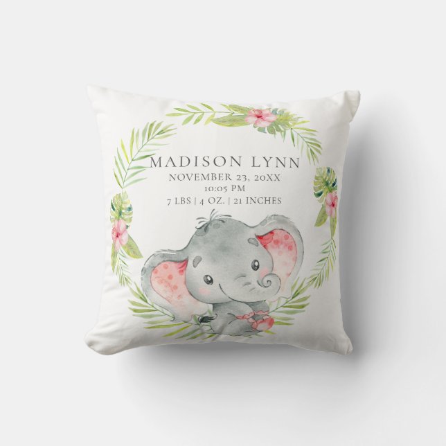 Coussin Jungle Girl Elephant Baby Birth Statistiques Couss (Recto)
