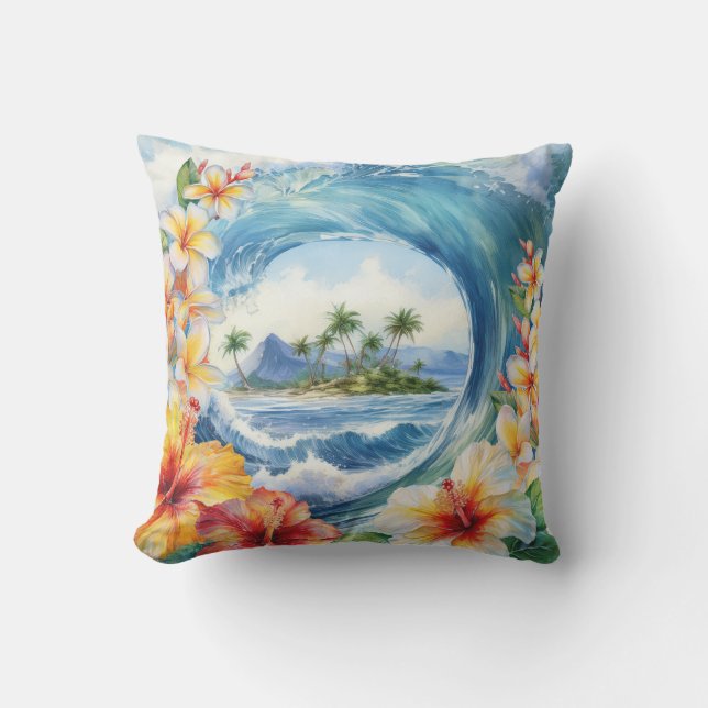 Coussin Kai Aloha Hibiscus Aquarelle Vague réversible (Recto)