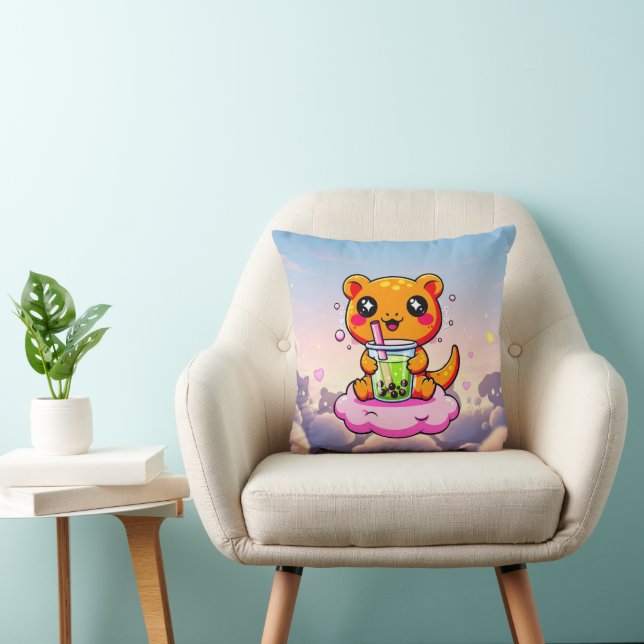Coussin Kawaii Axolotl Drinking Pink Boba Tea Cute Pillow (Chaise)